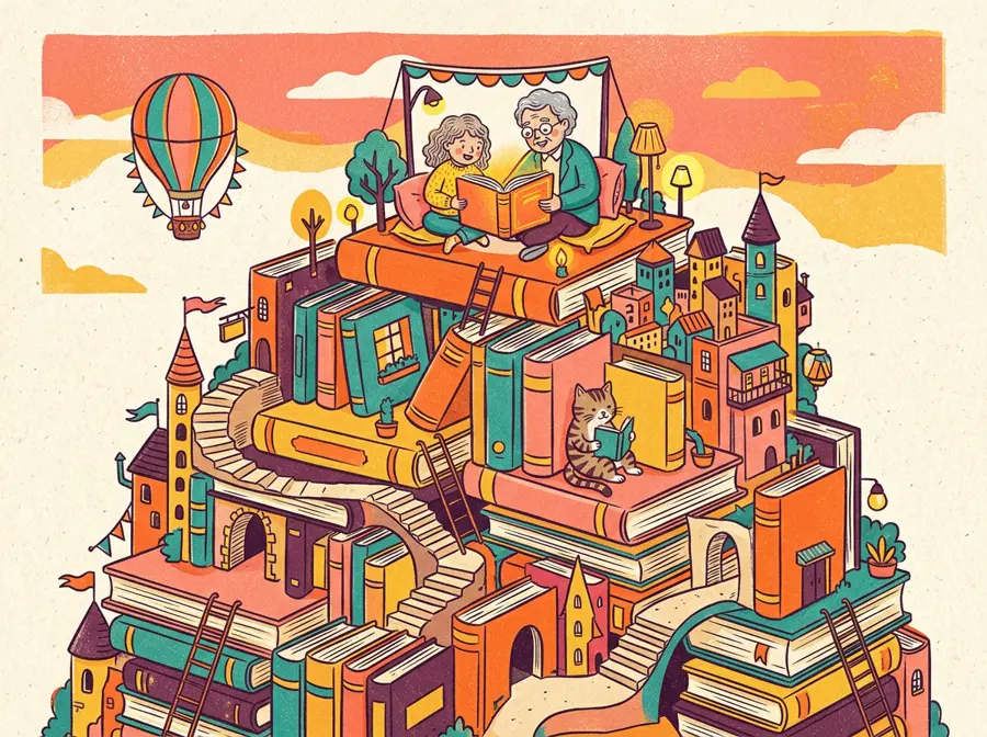 Illustration of a child and grandparent reading on top of a towering city made of books, with a cat reading below